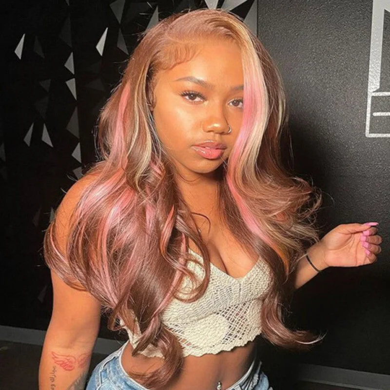 Pink Highlight On Brown Hair Blonde Skunk Stripe Body Wave Lace Human Wigs