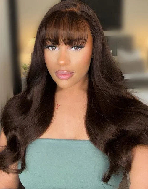 Pre Everything 13X5 7X5 Brown Color Glueless Body Wave Lace Wig Side Part With Bangs