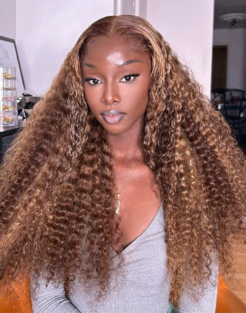 TIKTOK Highlight Honey Blonde Curly 13x4 Lace Frontal Wig Glueless Human Hair Wig