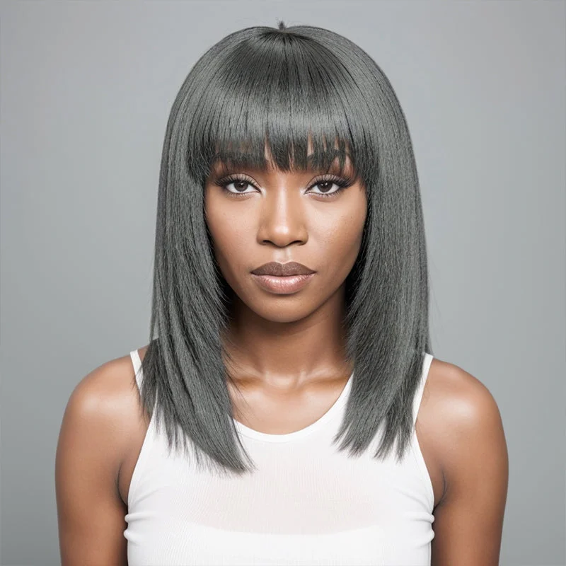 Trendy Design & Color | Salt And Pepper Kinky Straight Glueless Wig Layered Cut With Bangs 100% Human Hair Wigs