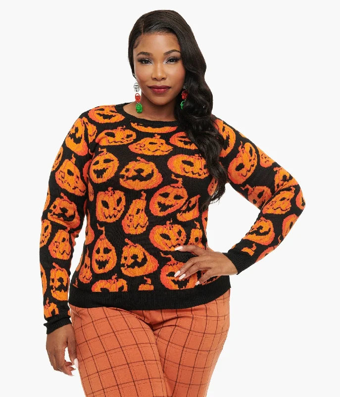 button down women cardigan with vintage buttonsBlack & Orange Pumpkin Print Knit Sweater button down women cardigan with vintage buttonsBlack & Orange Pumpkin Print Knit Sweater