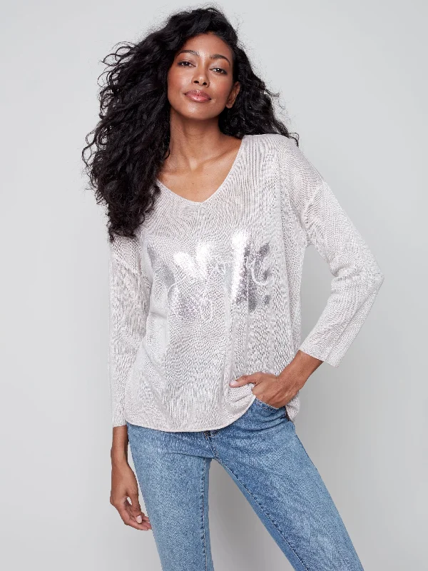 plus size women cardigan for comfortable layeringCold-Dye Sweater with Foil Print - Light Nougat - C2506 plus size women cardigan for comfortable layeringCold-Dye Sweater with Foil Print - Light Nougat - C2506