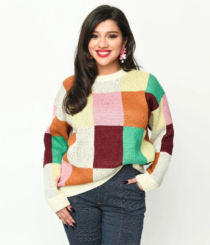open front women cardigan for easy stylingCream & Multicolor Color Block Checker Sweater open front women cardigan for easy stylingCream & Multicolor Color Block Checker Sweater