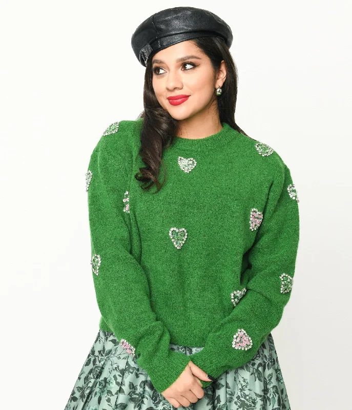 button down women cardigan with vintage buttonsGreen Rhinestone Hearts Embellished Pullover Sweater button down women cardigan with vintage buttonsGreen Rhinestone Hearts Embellished Pullover Sweater