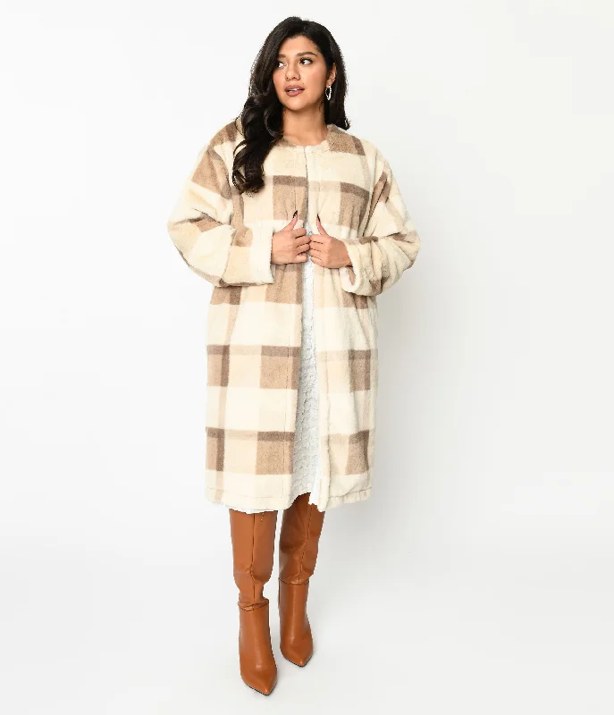 button down women cardigan with vintage buttonsIvory & Tan Plaid Faux Fur Long Cardigan button down women cardigan with vintage buttonsIvory & Tan Plaid Faux Fur Long Cardigan