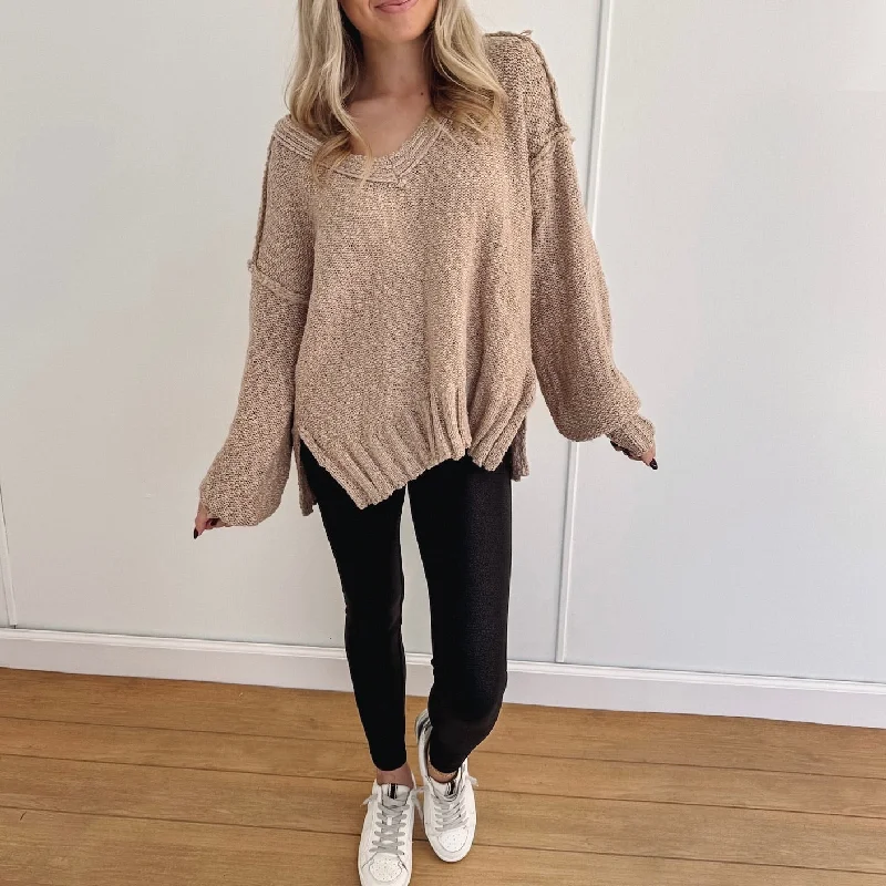 cropped women cardigan to pair with high - waisted jeansMarianne Balloon Sleeve Sweater - Taupe cropped women cardigan to pair with high - waisted jeansMarianne Balloon Sleeve Sweater - Taupe