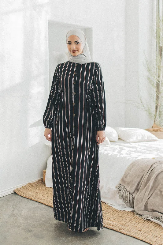 sequin embellished women cardigan for special occasionsMaya Stripe Shirred Dress- Black sequin embellished women cardigan for special occasionsMaya Stripe Shirred Dress- Black