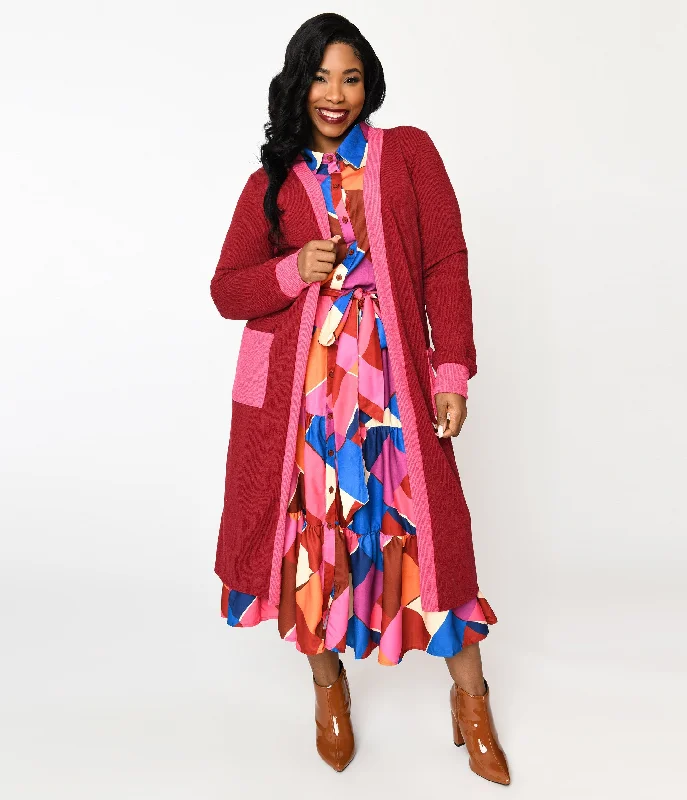 cashmere blend women cardigan for a luxurious feelPlus Long Berry & Pink Contrast Open Long Cardigan cashmere blend women cardigan for a luxurious feelPlus Long Berry & Pink Contrast Open Long Cardigan