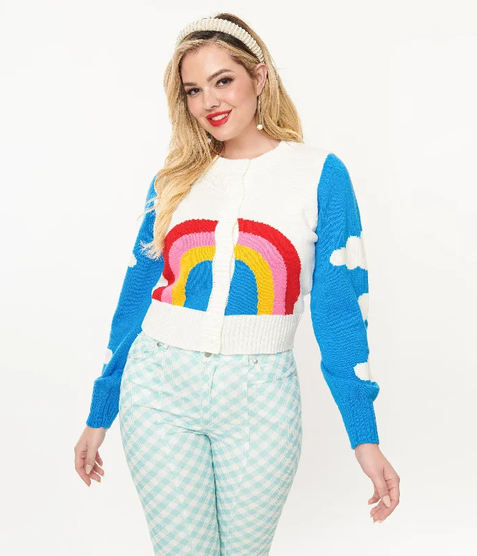 machine washable women cardigan for easy careSmak Parlour 1960s Blue & Rainbow Clouds Cardigan machine washable women cardigan for easy careSmak Parlour 1960s Blue & Rainbow Clouds Cardigan