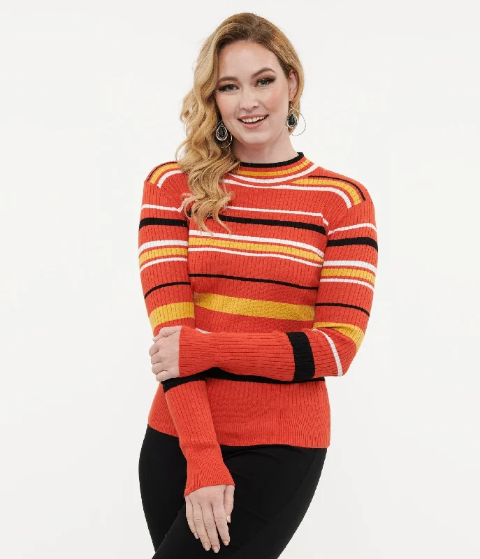 machine washable women cardigan for easy careVoodoo Vixen 1970s Orange Striped High Neck Sweater machine washable women cardigan for easy careVoodoo Vixen 1970s Orange Striped High Neck Sweater