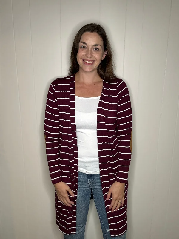 machine washable women cardigan for easy careWine Stripe Cardigan with Elbow Patches machine washable women cardigan for easy careWine Stripe Cardigan with Elbow Patches