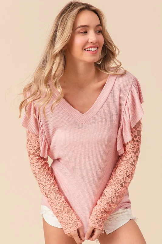 Compression Bodysuits for Post - Workout RecoveryRuffled Lace Sleeve Rib Knit Top