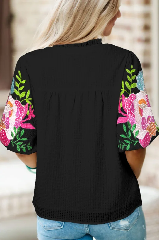 Thermal Bodysuits for Extra Warmth in WinterEmbroidered Notched Puff Sleeve Blouse