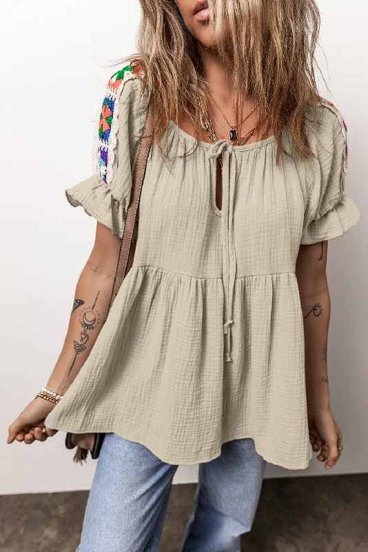 Crop Bodysuits to Pair with High - Waisted BottomsEmbroidered Tie Neck Short Sleeve Blouse Crop Bodysuits to Pair with High - Waisted BottomsEmbroidered Tie Neck Short Sleeve Blouse