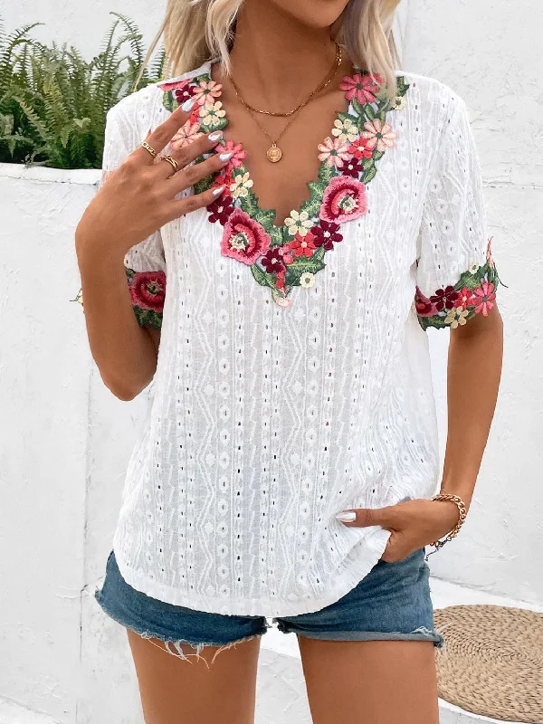 Button - Front Bodysuits with a Classic and Timeless AppealEyelet Embroidered V-Neck Short Sleeve Blouse Button - Front Bodysuits with a Classic and Timeless AppealEyelet Embroidered V-Neck Short Sleeve Blouse