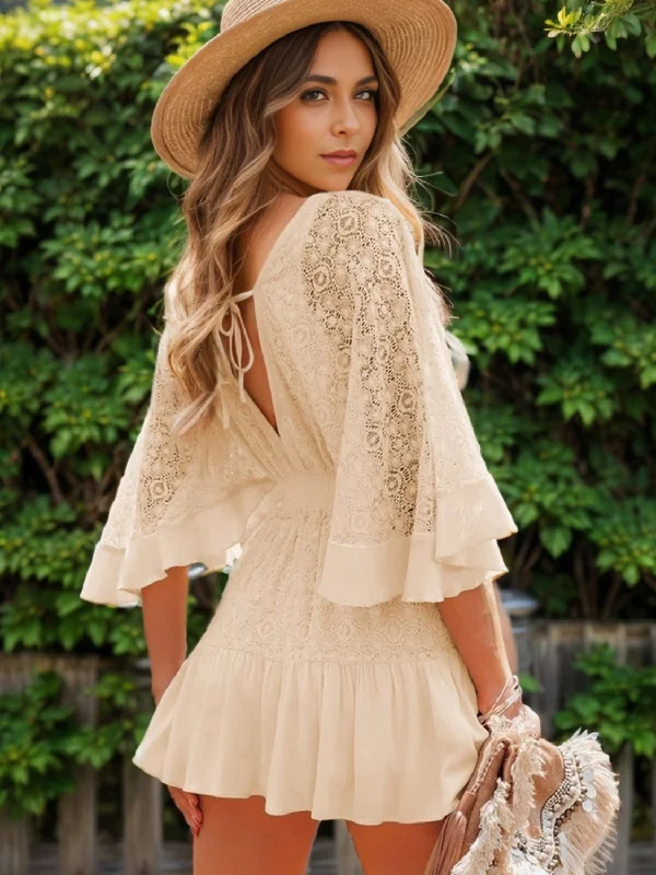 Long - Sleeve Bodysuits for Cold Weather LayeringLace Cutout Half Sleeve Mini Dress