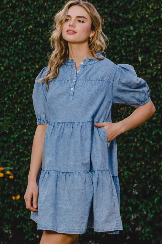 Convertible Straps Bodysuits for Multiple Styling OptionsWashed Tiered Mini Denim Dress Convertible Straps Bodysuits for Multiple Styling OptionsWashed Tiered Mini Denim Dress