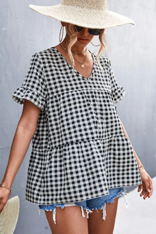 Maternity Bodysuits for Expecting Mothers' ComfortPlaid V-Neck Short Sleeve Blouse