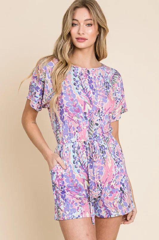 Convertible Straps Bodysuits for Multiple Styling OptionsPrint Short Sleeve Romper with Pockets Convertible Straps Bodysuits for Multiple Styling OptionsPrint Short Sleeve Romper with Pockets