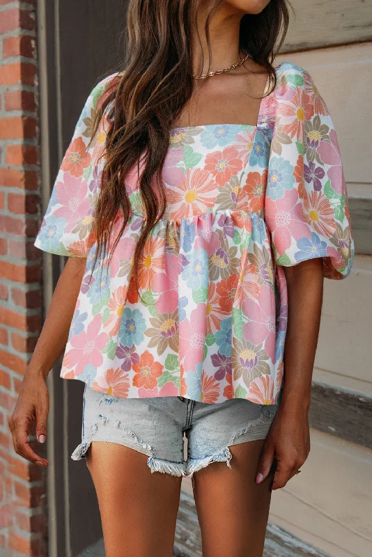 Button - Front Bodysuits with a Classic and Timeless AppealPrinted Square Neck Half Sleeve Blouse Button - Front Bodysuits with a Classic and Timeless AppealPrinted Square Neck Half Sleeve Blouse