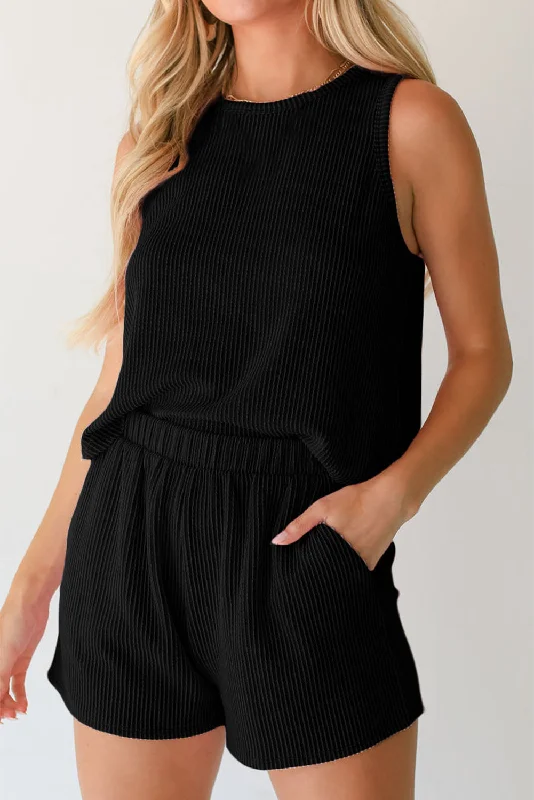 Crop Bodysuits to Pair with High - Waisted BottomsRound Neck Sleeveless Top and Shorts Set