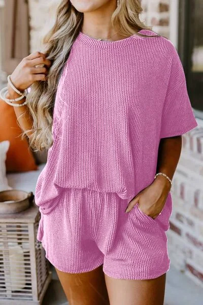 Plus - Size Bodysuits with a Comfortable and Flattering FitRound Neck Top and Pocketed Shorts Set Plus - Size Bodysuits with a Comfortable and Flattering FitRound Neck Top and Pocketed Shorts Set