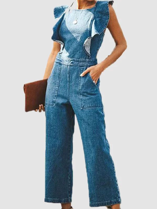 Long - Sleeve Bodysuits for Cold Weather LayeringRuffled Backless Sleeveless Denim Jumpsuit Long - Sleeve Bodysuits for Cold Weather LayeringRuffled Backless Sleeveless Denim Jumpsuit
