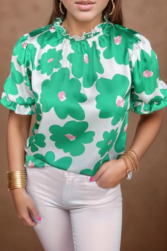 Sheer Bodysuits for a Seductive and Alluring OutfitRuffled Printed Mock Neck Short Sleeve Blouse Sheer Bodysuits for a Seductive and Alluring OutfitRuffled Printed Mock Neck Short Sleeve Blouse