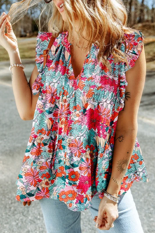 Cut - Out Bodysuits for a Trendy and Fashion - Forward StyleRuffled Printed Tie Neck Cap Sleeve Blouse Cut - Out Bodysuits for a Trendy and Fashion - Forward StyleRuffled Printed Tie Neck Cap Sleeve Blouse