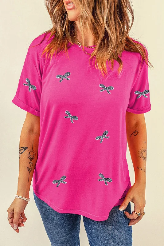 Compression Bodysuits for Post - Workout RecoverySequin Bow Round Neck Short Sleeve T-Shirt Compression Bodysuits for Post - Workout RecoverySequin Bow Round Neck Short Sleeve T-Shirt