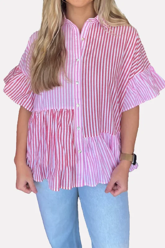 Neon Bodysuits to Stand Out at PartiesStriped Button Up Flounce Sleeve Shirt