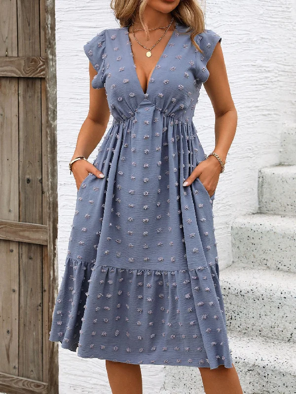 Convertible Straps Bodysuits for Multiple Styling OptionsSwiss Dot V-Neck Cap Sleeve Dress Convertible Straps Bodysuits for Multiple Styling OptionsSwiss Dot V-Neck Cap Sleeve Dress