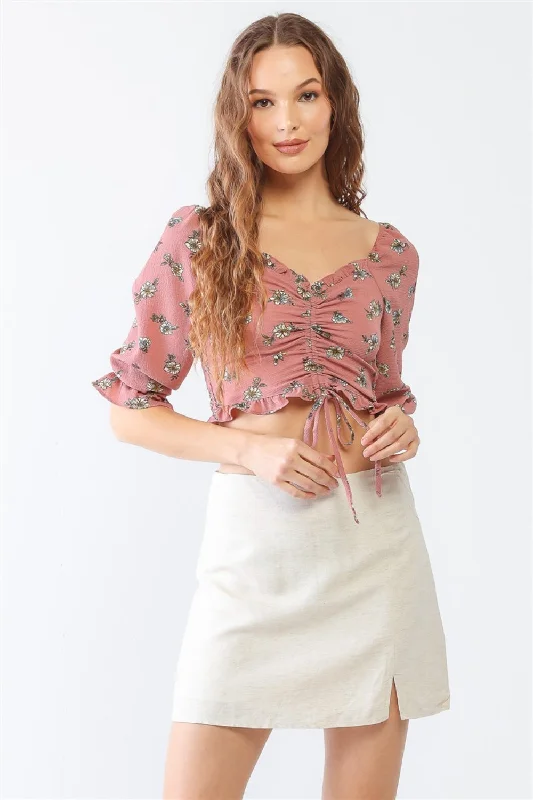 High - Neck Bodysuits for a Modest and Sophisticated LookFloral Ruffle Smocked Back Ruched Crop Top High - Neck Bodysuits for a Modest and Sophisticated LookFloral Ruffle Smocked Back Ruched Crop Top