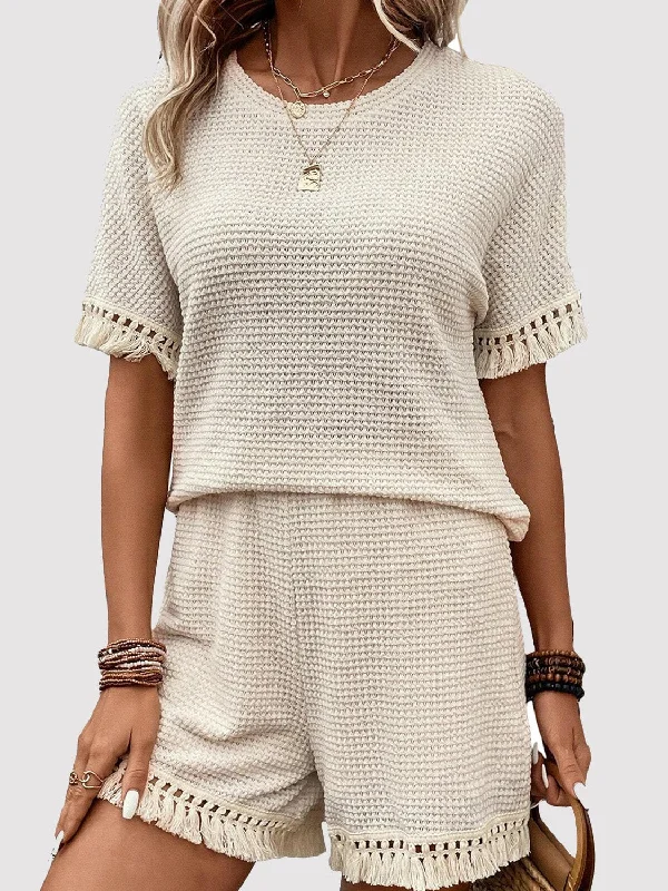 Maternity Bodysuits for Expecting Mothers' ComfortTassel Round Neck Top and Shorts Set