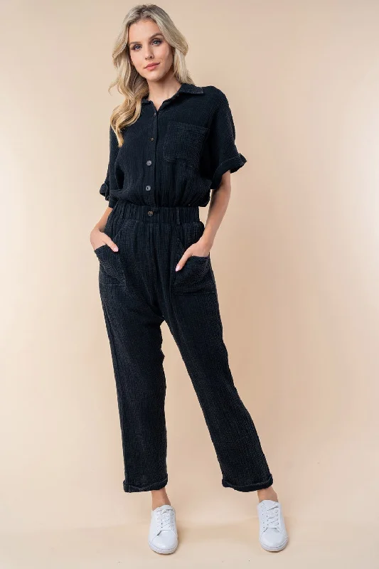 Compression Bodysuits for Post - Workout RecoveryTexture Short Sleeve Jumpsuit